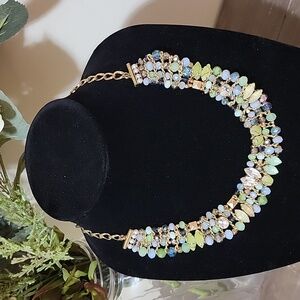 Blue and Green AB Crystal & Prong Set Beaded Bibb Necklace